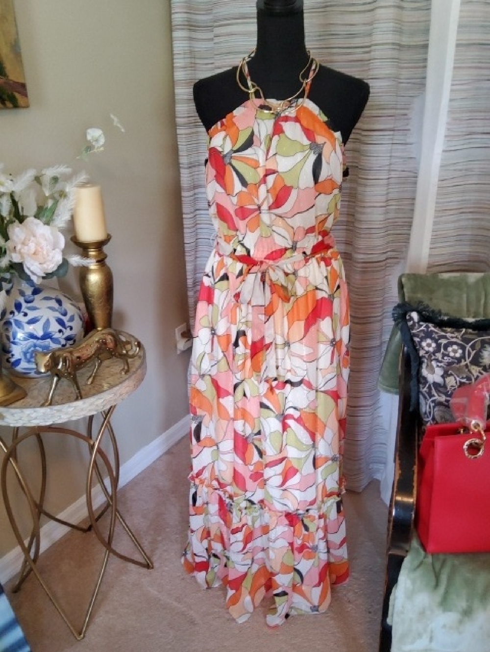 BCBGeneration Halter Floral Maxi Dress in Coral, Pink & Cream